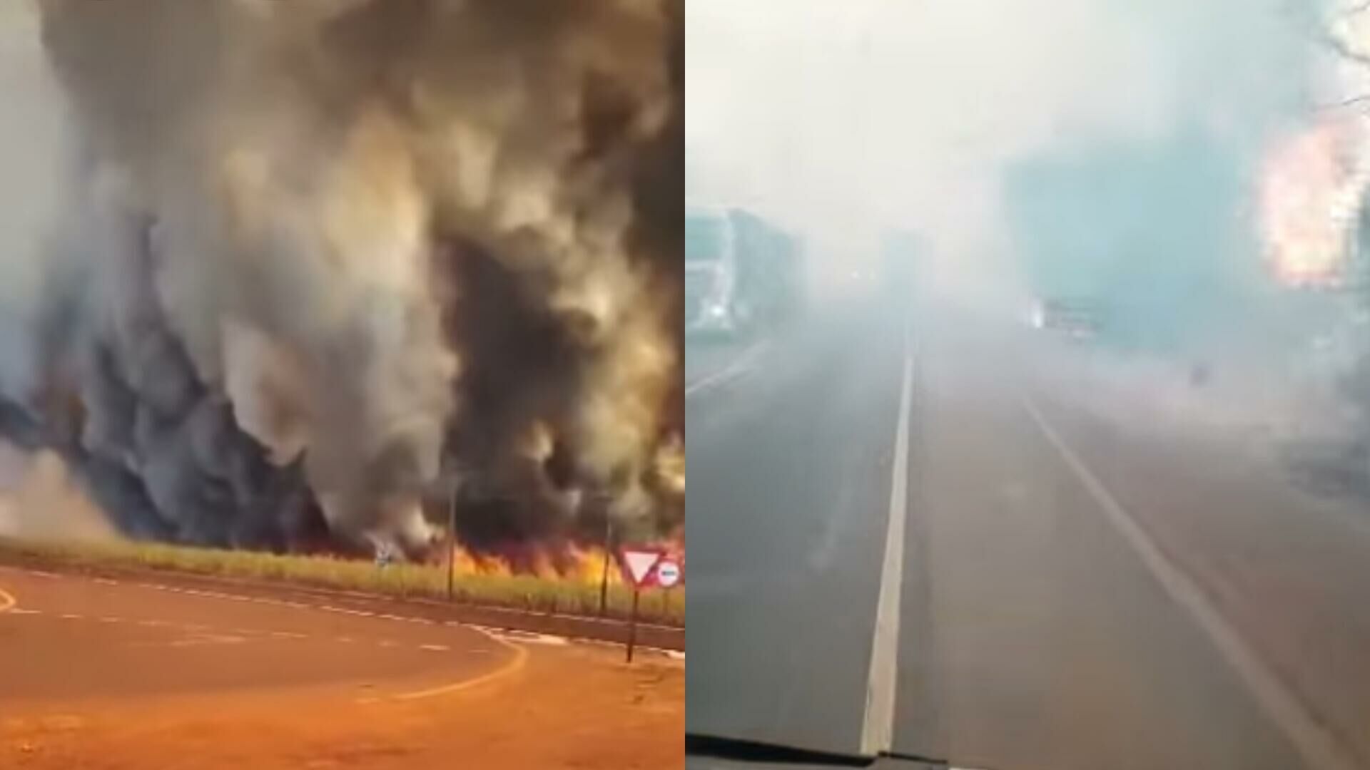 Imagem de compartilhamento para o artigo Fogo incontrolável queima canavial, se aproxima de casas e causa pânico entre caminhoneiros e motoristas em Sonora da MS Todo dia